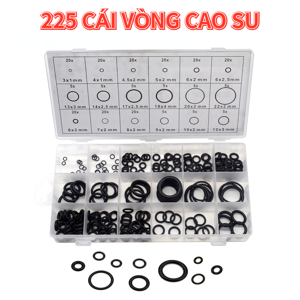 225 chiếc Cao su O Ring Máy giặt O-Ring Seals Độ kín nước Các loại Kích thước khác nhau với Bộ hộp