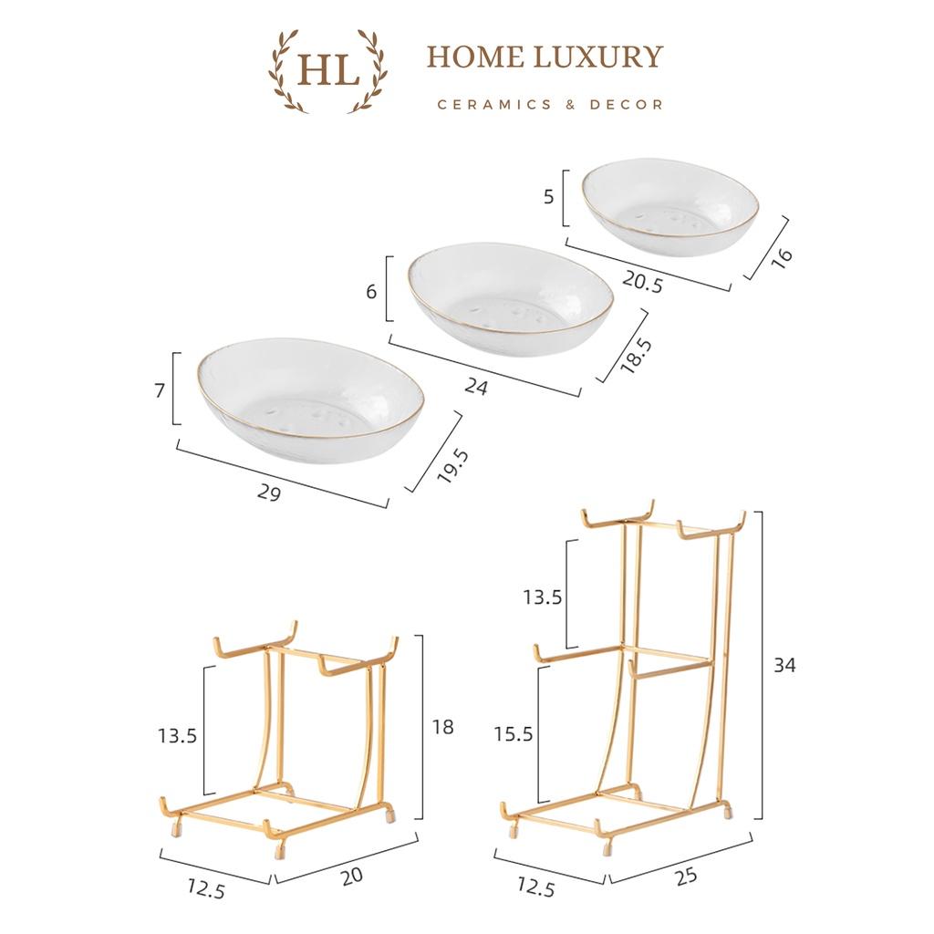 KỆ TẦNG ĐỂ HOA QUẢ, BÁNH KẸO DECOR | ĐĨA 2 TẦNG 3 TẦNG THỦY TINH VIỀN VÀNG KÈM KỆ INOX CAO CẤP HOME LUXURY DECOR 2023