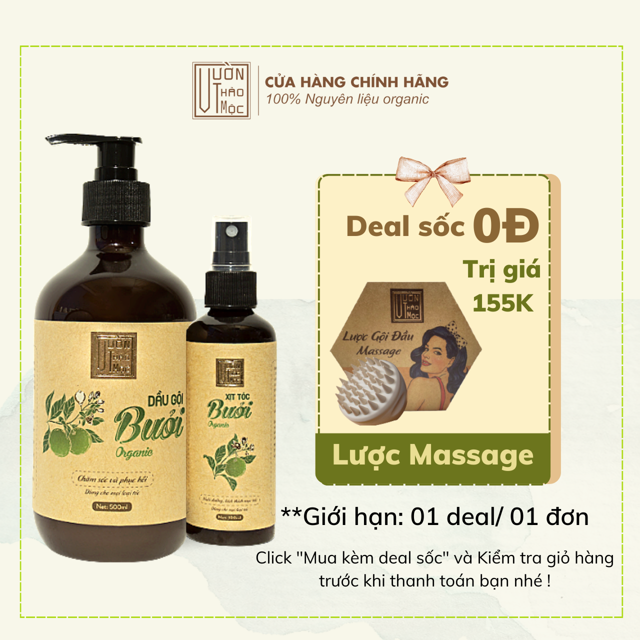 Combo Dầu Gội Bưởi 500ml Xịt Dưỡng Tóc Bưởi 100ml VƯỜN THẢO MỘC ORGANIC Chăm Sóc Tóc Dưỡng Tóc Mọc Dày