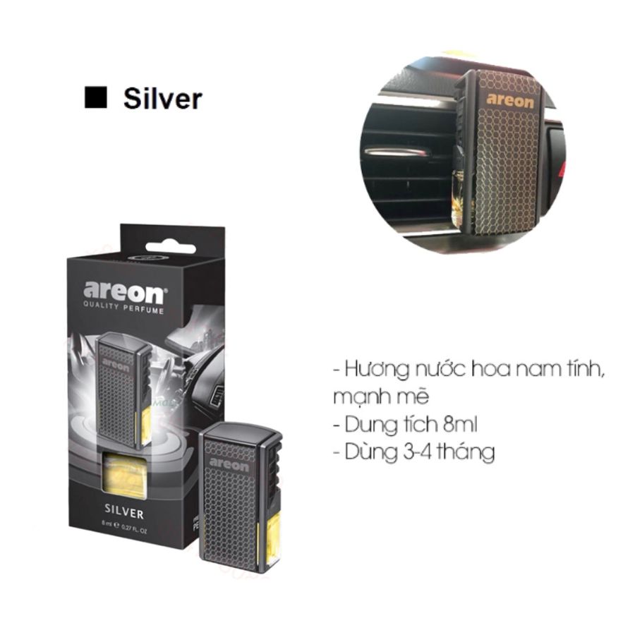 Nước hoa kẹp cửa gió ô tô Areon Silver Sport Lux- hương nam tính, the mát, sang trọng