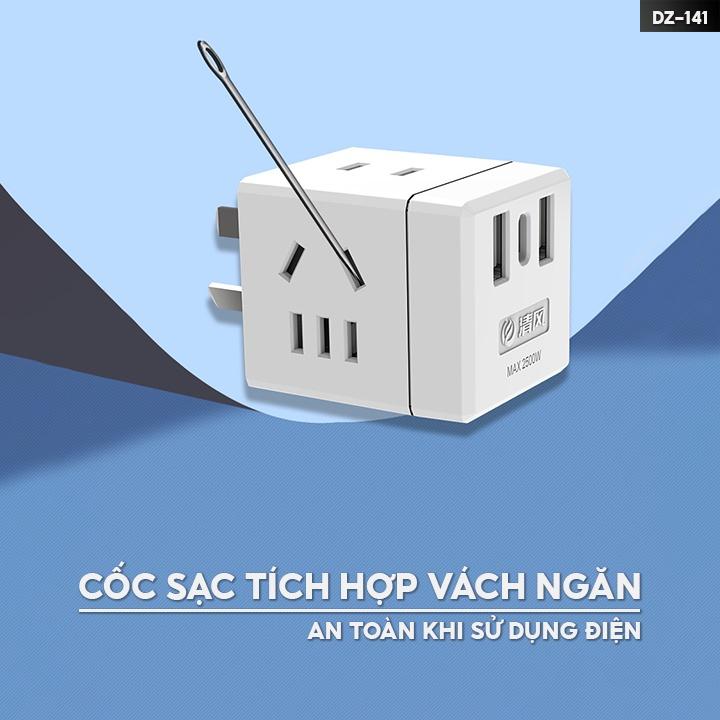 Phích Cắm Vuông Siêu Chịu Tải 1 Chia 3 Công Suất 2500w Kèm Theo Cổng Đầu Ra Usb Tiện Lợi DZ-141