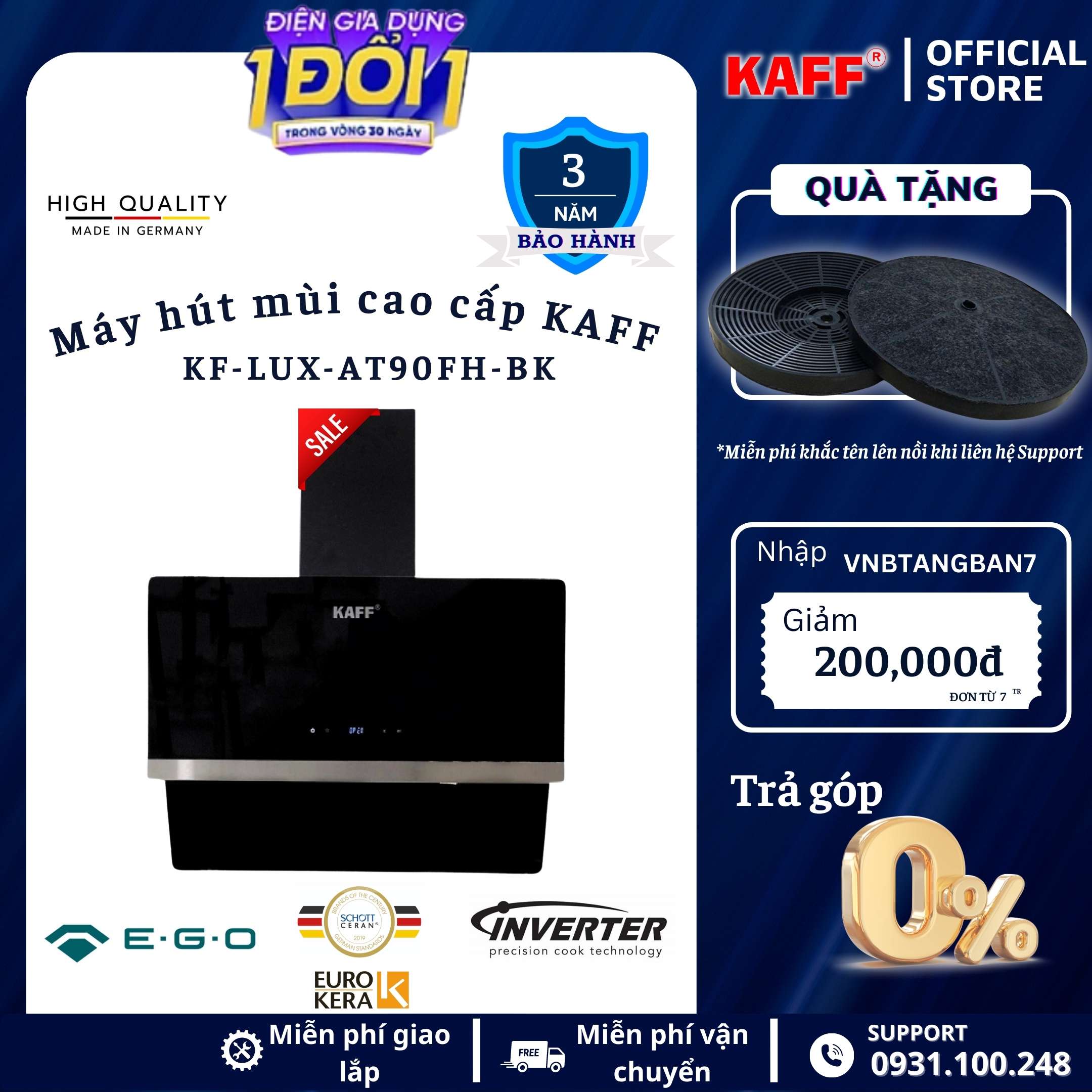 Máy hút mùi kính phẳng dạng TV cảm ứng _ điều khiển từ xa 900mm KAFF KF_LUX_AT90FH_BK Tặng bộ lọc than thay thế _ Hàng Chính Hãng