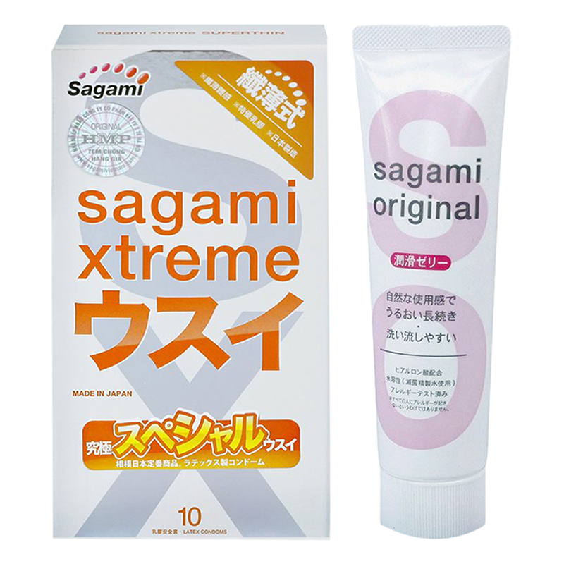Bộ Bao Cao Su Siêu Mỏng Co Dãn Sagami Xtreme Super Thin  Và Gel Bôi Trơn Cao Cấp Sagami