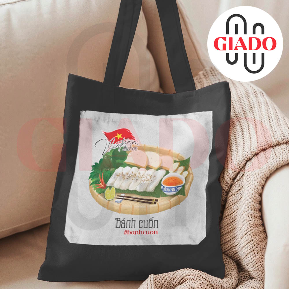 Túi canvas GIADO, túi canvas đen, túi tote in hình món ăn Việt Nam mẫu Bánh cuốn
