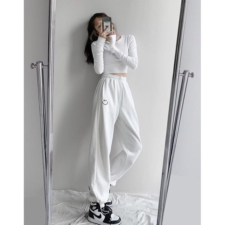 Quần jogger nữ Mặt Cười đen trắng ghi xanhunisex cap cao ống suông rông bo gấu