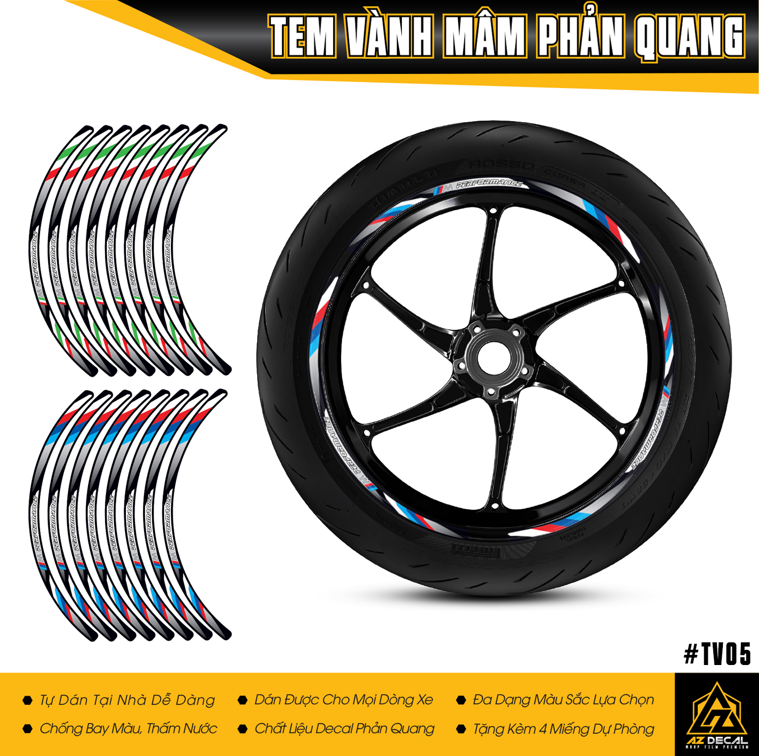 [Phản Quang] Tem Vành Xe Performance 3 Màu - TV05 - Full 2 Vành Cho Mọi Loại Xe - Phản Quang