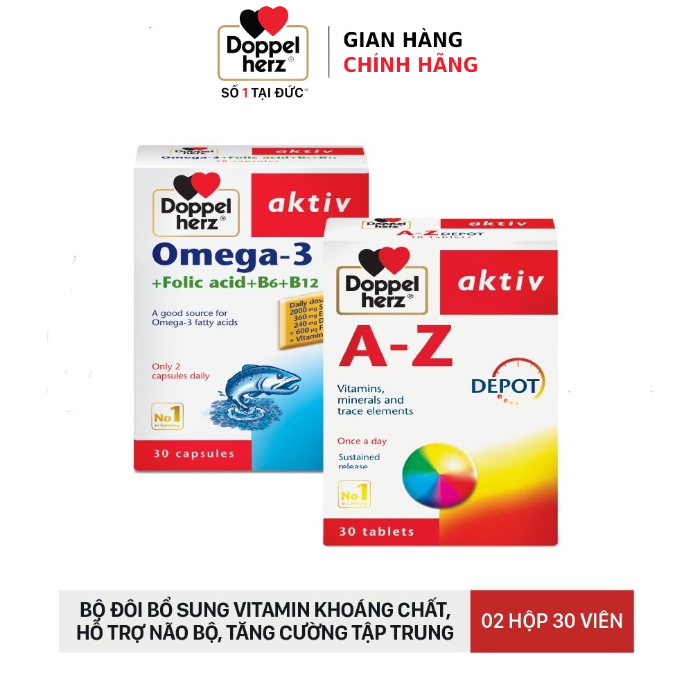 Bộ đôi tăng cường sức khỏe toàn diện bổ sung Vitamin khoáng chất Doppelherz A-Z Depot và dầu cá Omega-3 + Folic acid + B6 + B12 Doppelherz