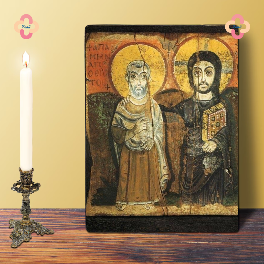 Tranh Gỗ Friendship Beati - Tranh Công Giáo Thủ Công Màu Rustic / Icon of Christ and Abbot Menas - Trung