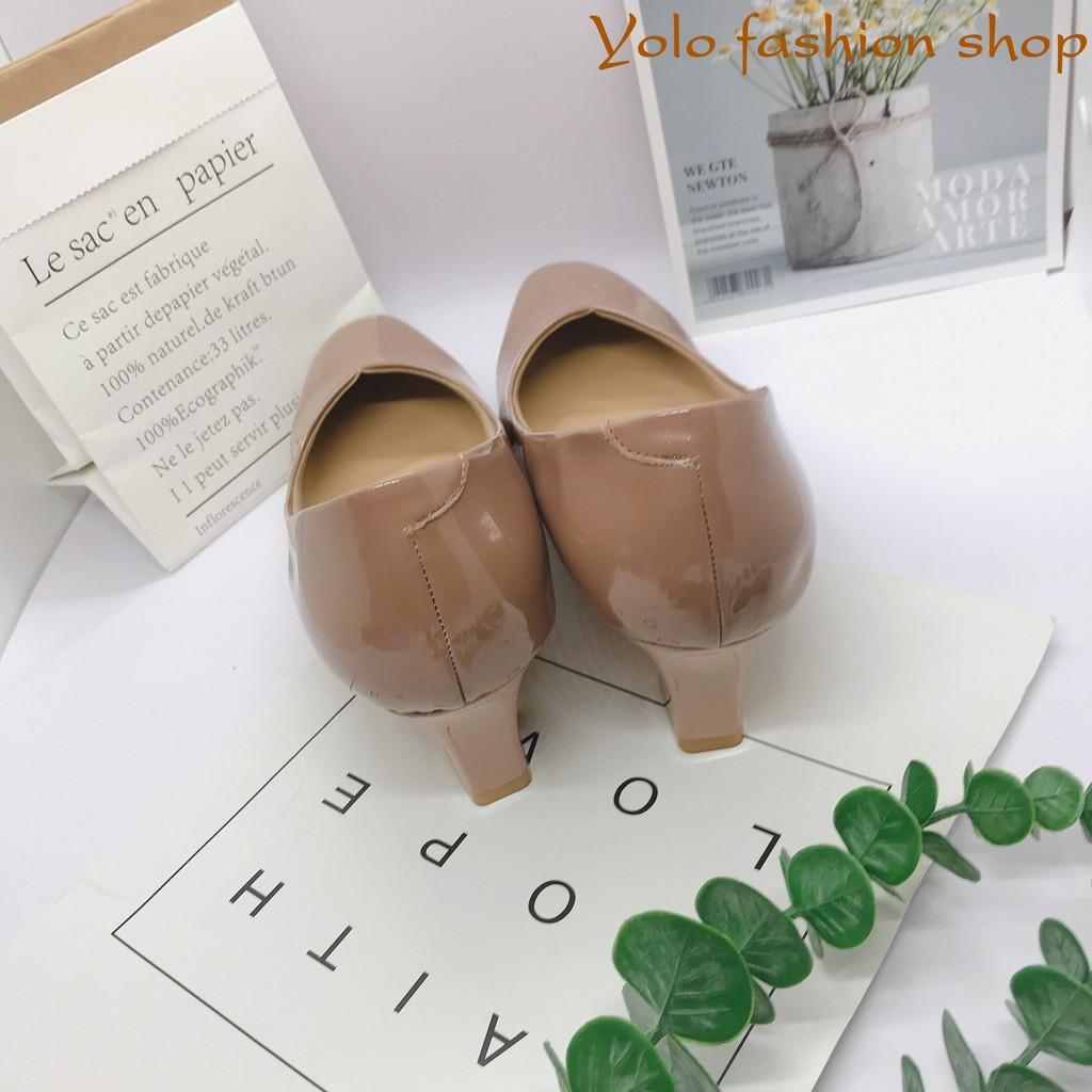 Giày cao gót nữ da bóng đế trụ mũi vuông 5cm da mềm êm chân -HC07