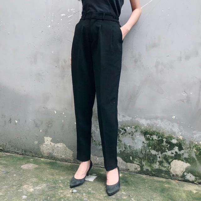 Quần baggy Unisex cap cao lưng thun màu đen - màu trắng