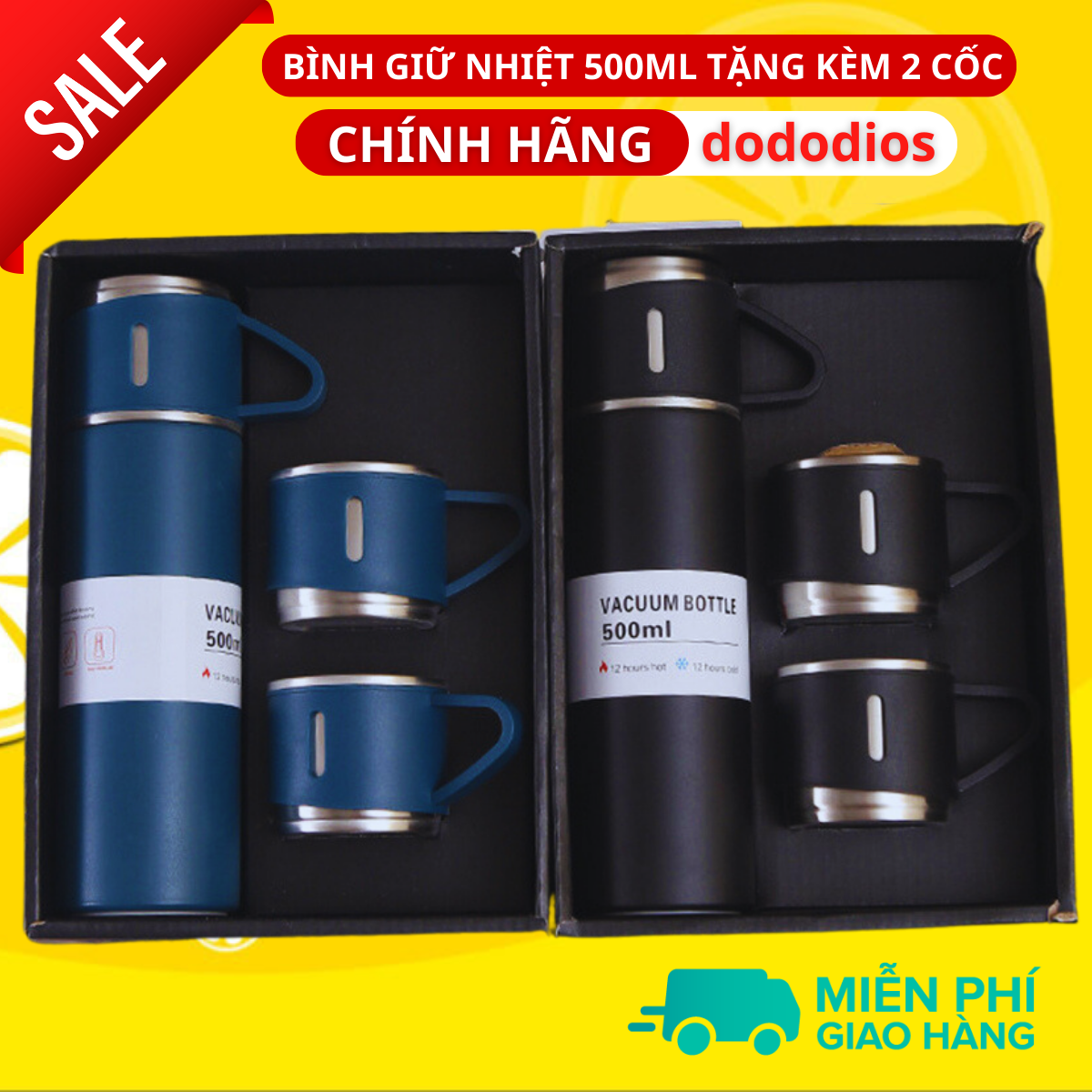 Bình Giữ Nhiệt 500ml Tặng Kèm 2 Cốc – Chọn Màu – Có Nút Nhấn Uống Trực Tiếp Kèm Hộp Quà Tặng Sang Trọng - Hàng chính hãng dododios