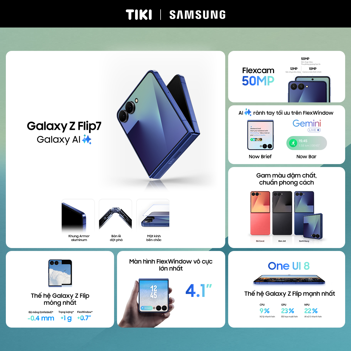 Điện thoại Samsung Galaxy Z Flip7, Điện thoại AI, Màn hình ngoài vô cực 4.1&quot;, Camera selfie 50MP, Mỏng nhất - Hàng Chính Hãng