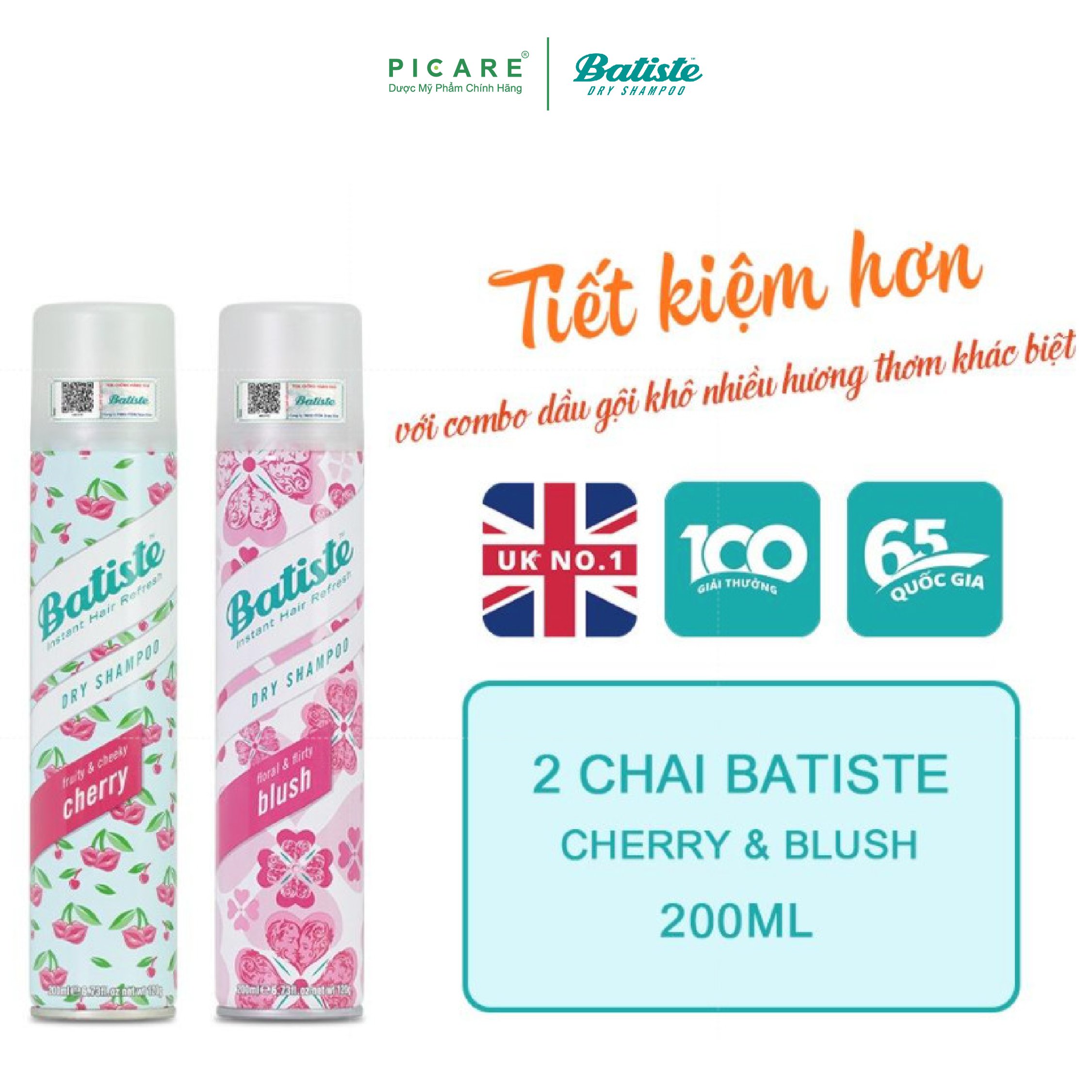 Combo 2 Chai Dầu Gội Khô Batiste Cho Tóc Hết Bết, Dính Bồng Bềnh Tức Thì 200ml (Cherry+Blush)