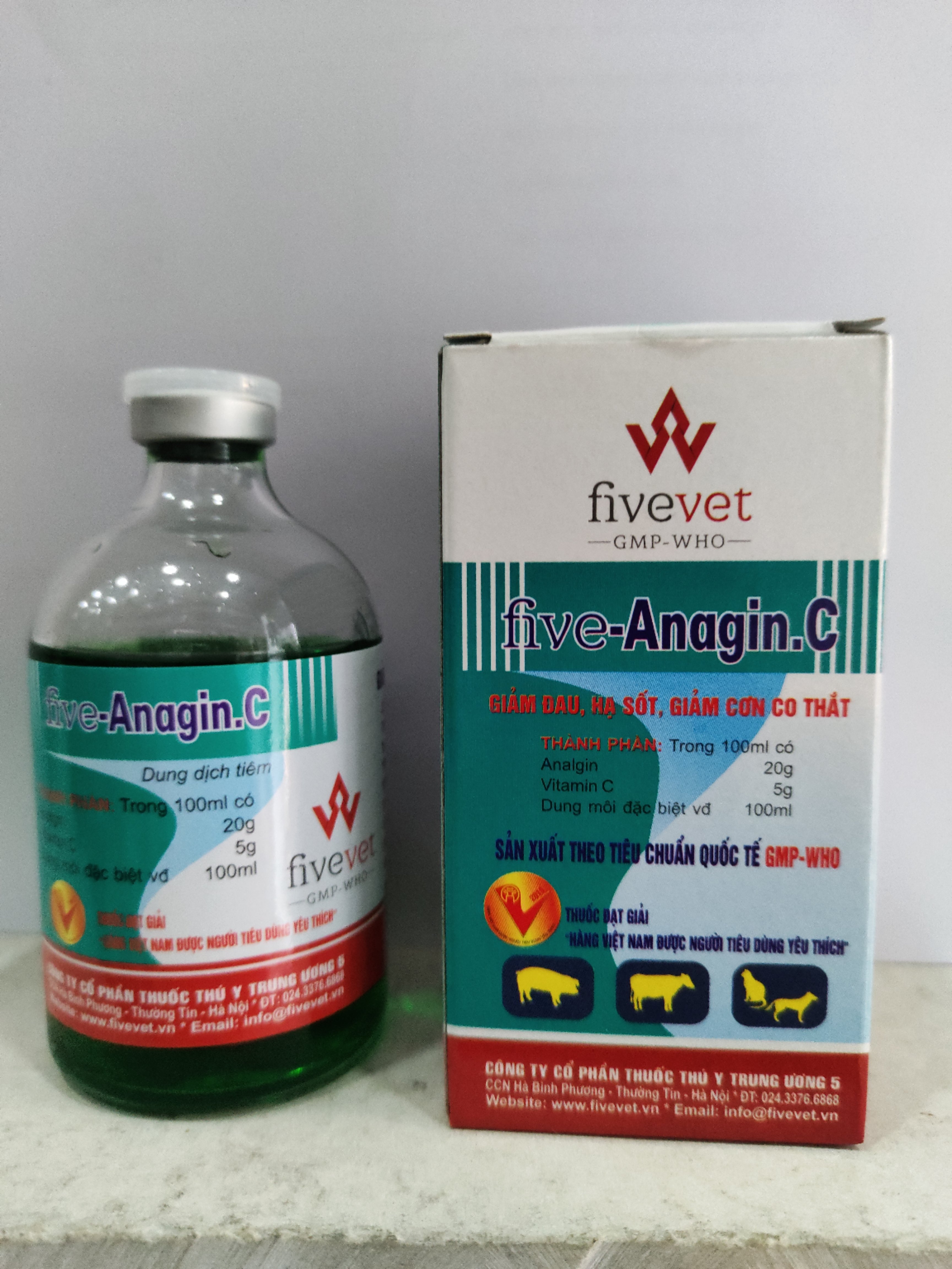 Dung dịch tiêm Five-Anagin.C giảm đau, hạ nhiệt, tăng cường sức đề kháng,Giảm cơn co thắt,điều trị bệnh nhiễm khuẩn