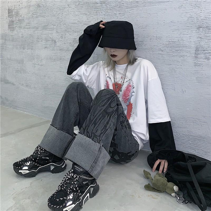 Quần jean ulzzang unisex xám họa tiết