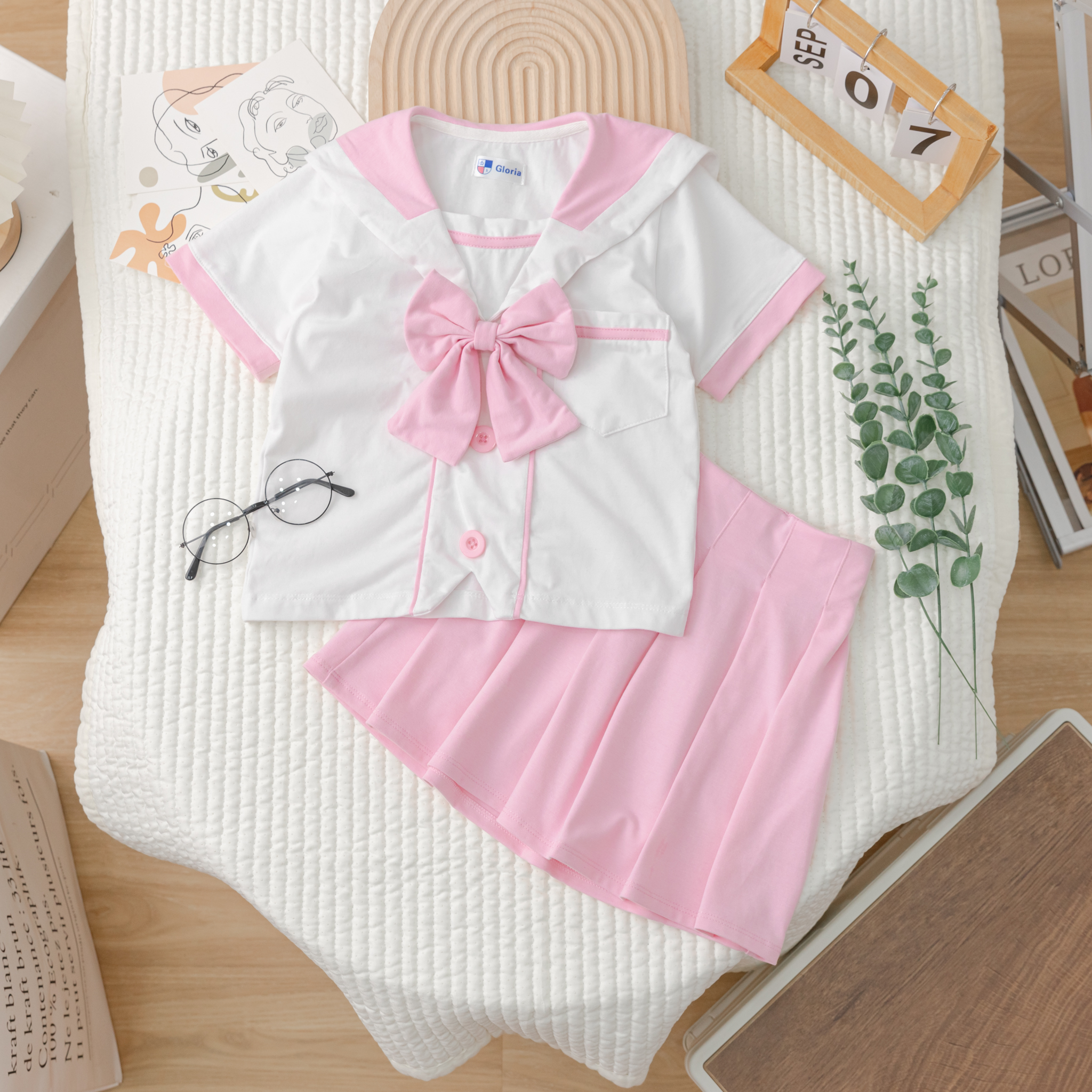 Set đồng phục nữ sinh trắng hồng bé gái kiểu Hàn Quốc từ 4-8 tuổi Gloria kids