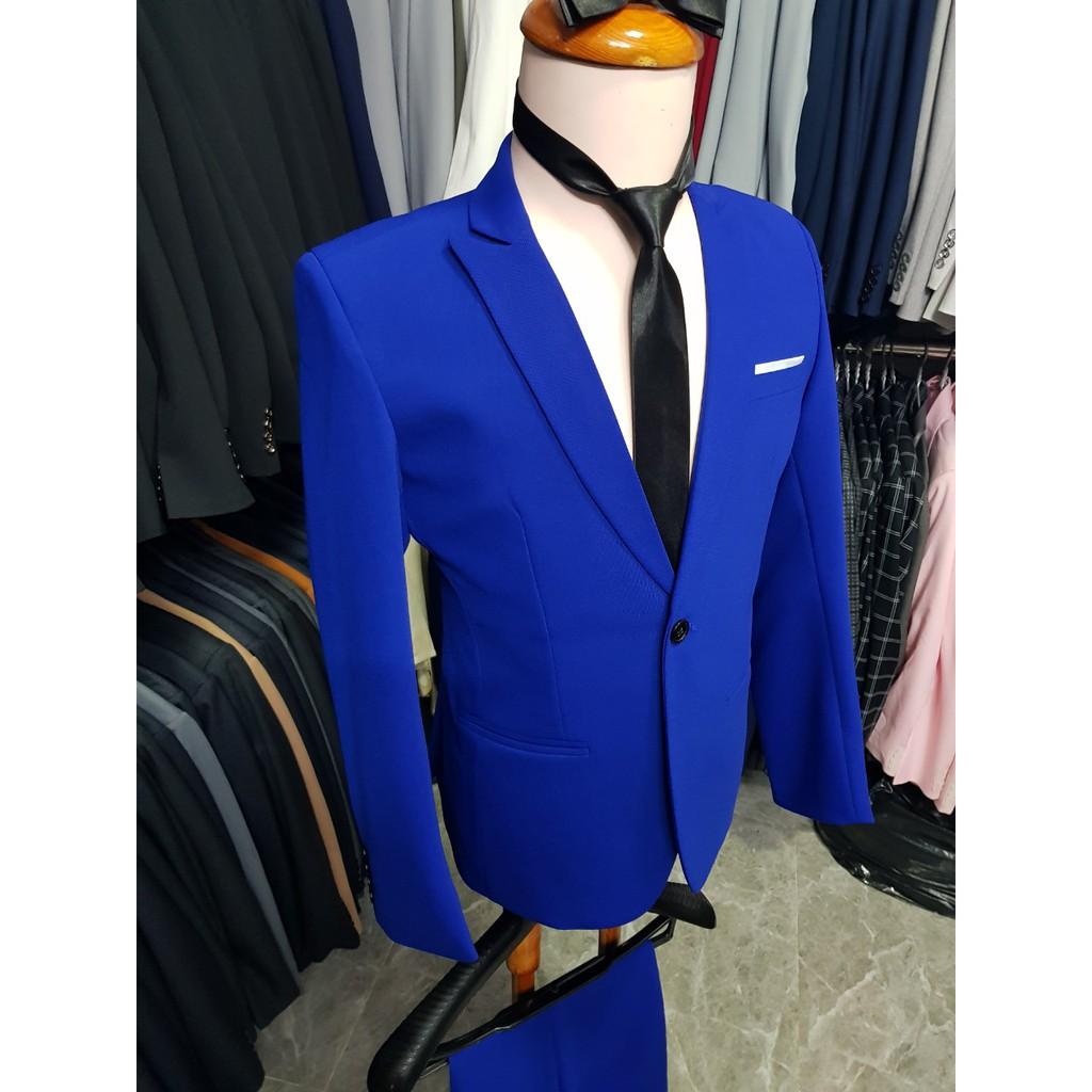 Bộ vest nam màu xanh coban cực chất cực dày mịn tặng kèm combo phụ kiện