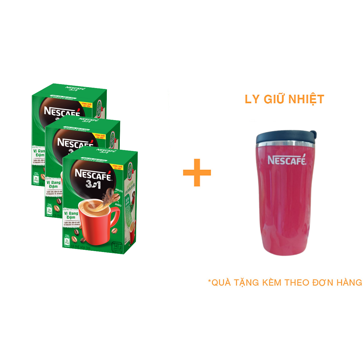 Combo 3 hộp NESCAFÉ 3IN1 Công thức cải tiến - Vị rang đậm  - Hộp 20 gói x 17 g [Tặng 1 ly giữ nhiệt]