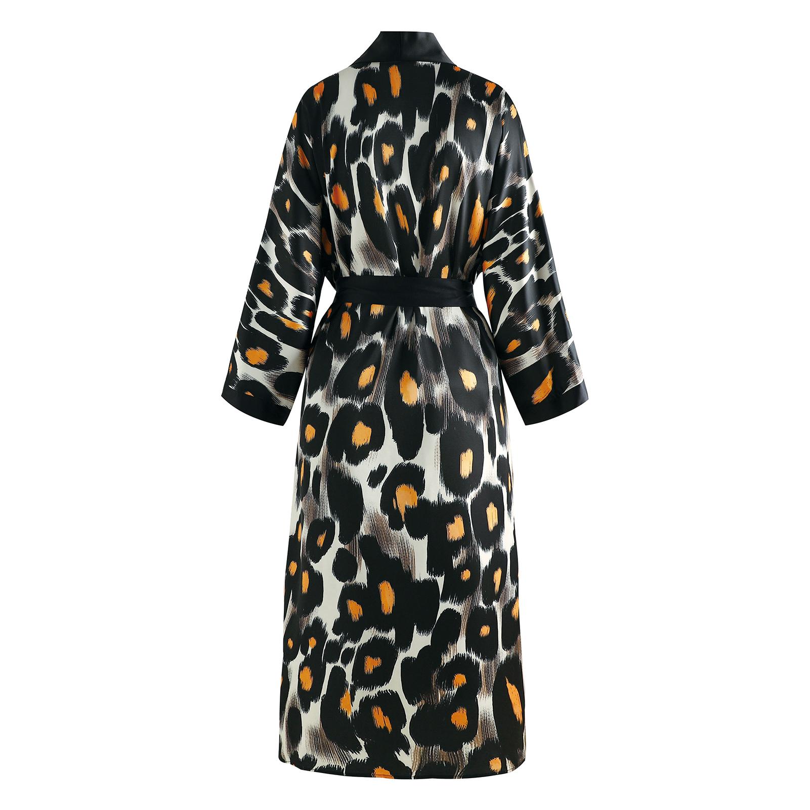 Women Nightgown Dot Pattern Waist Belt Pockets Soft Elastic Long Bathrobe Kimono Sleepwear