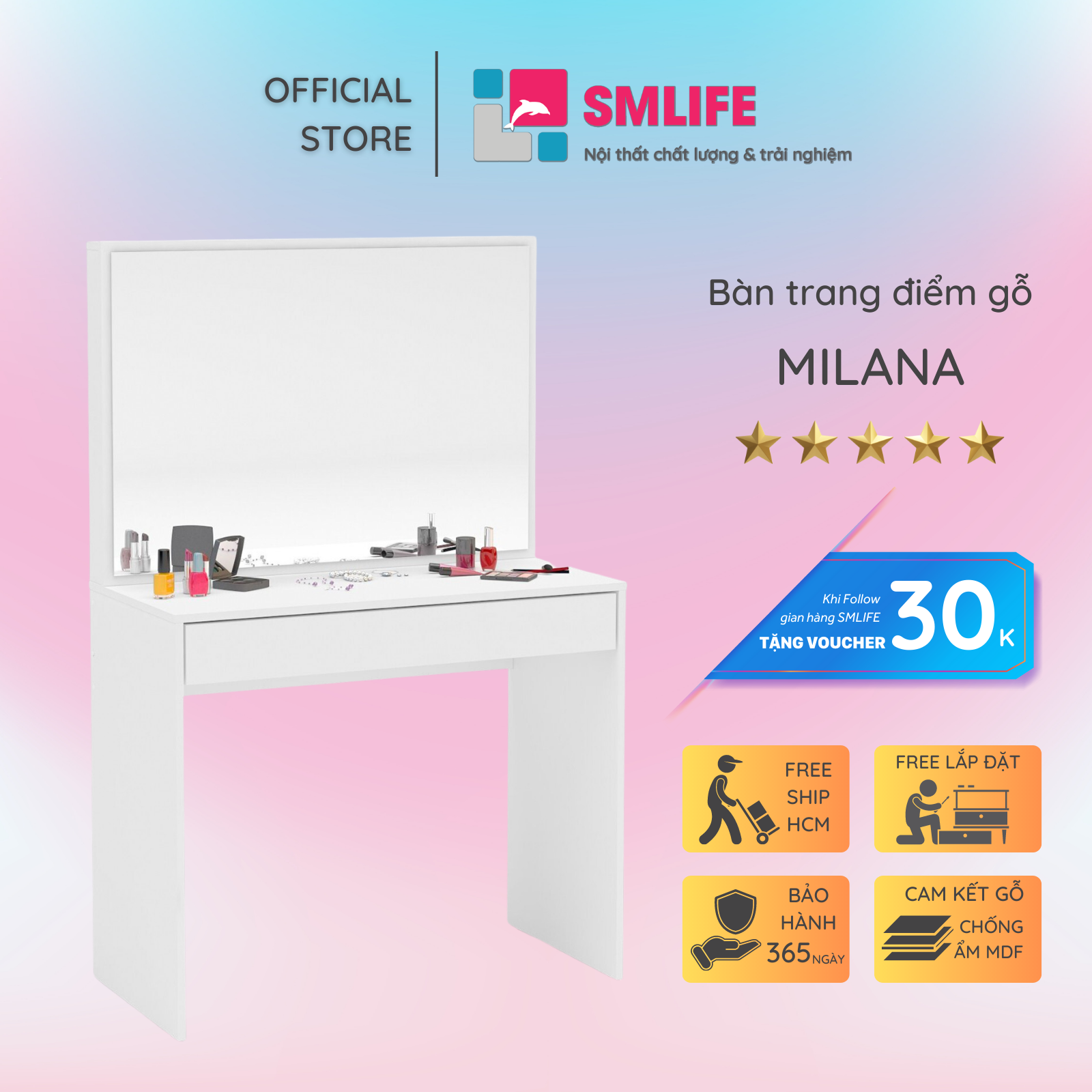 Bàn trang điểm gỗ hiện đại SMLIFE Milana | Gỗ MDF dày 17mm chống ẩm | D90xR45xC140cm