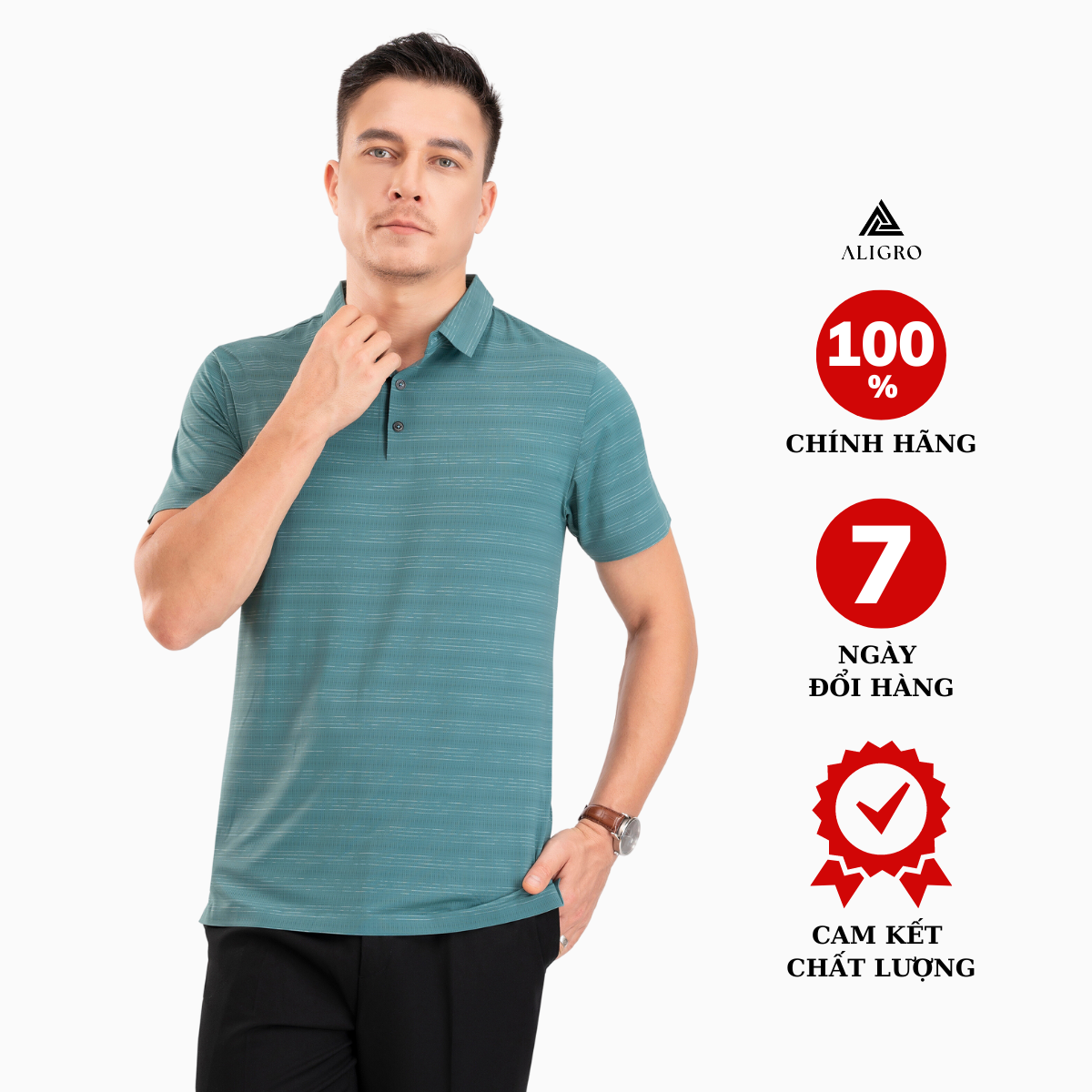 Áo polo golf nam ngắn tay ALIGRO chất vải coolmax kẻ ngang màu xanh rêu năng động ALGPLO118