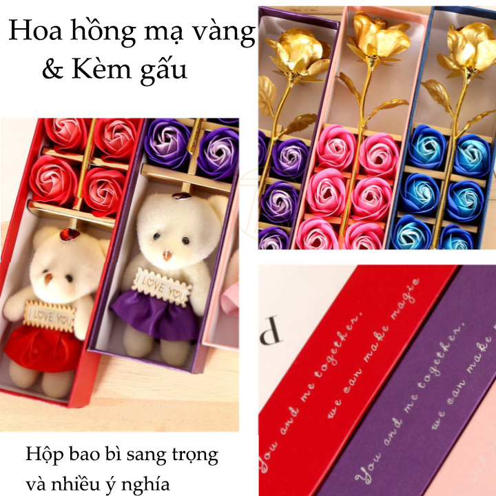 Hộp quà 6 bông và cây hoa hồng mạ vàng có gấu kèm chữ I Love You - Quà tặng bạn gái lễ tình nhân valentine 14/2