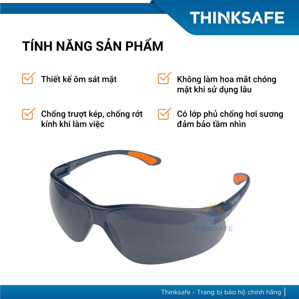 Mắt kính bảo hộ lao động Everest Thinksafe, Kính bảo vệ mắt trong suốt, chống bụi, chống tia UV, dùng đi đường - EV202