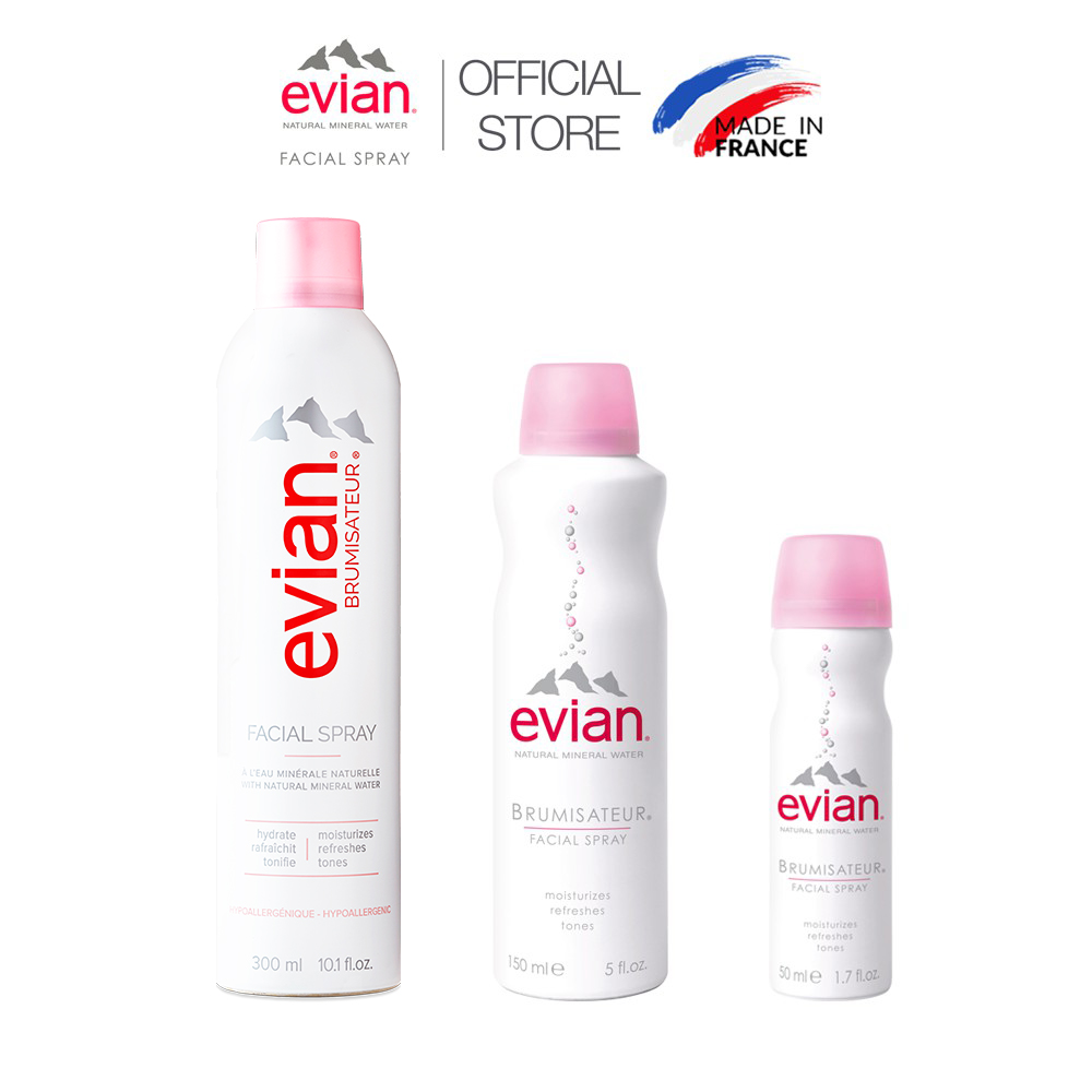 Combo 3 xịt khoáng cấp ẩm và làm dịu da Evian 300ml + 150ml + 50ml