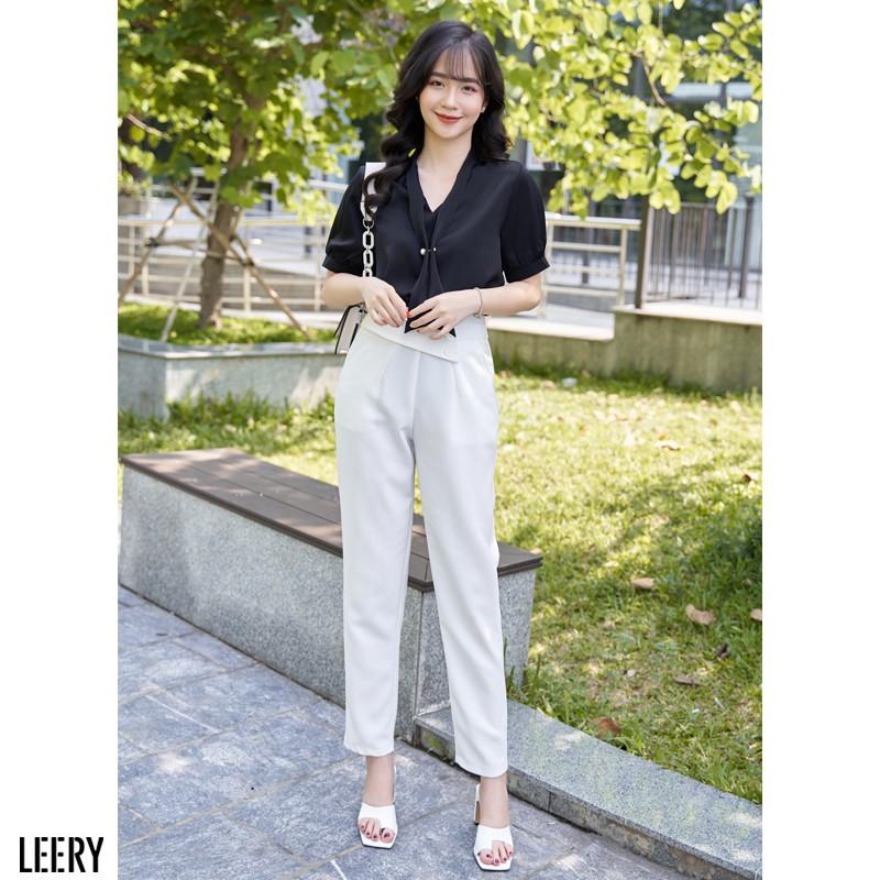 Áo sơ mi nữ tay phồng kiểu công sở Hàn Quốc form rộng vải lụa Ý cao cấp ngắn tay màu Trắng Đen Hồng LEERY S.M-07