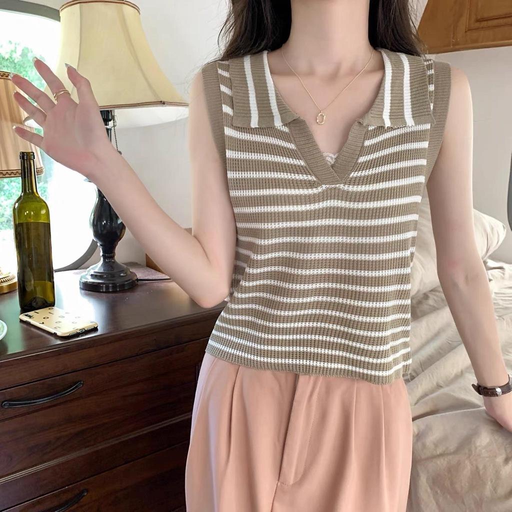 MS863 Áo sát nách cổ bẻ kẻ ngang mongtoghi