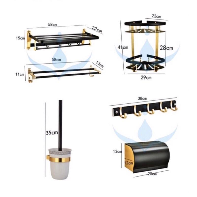 Phụ kiện phòng tắm 6 món nhôm mạ xi đen ánh vàng