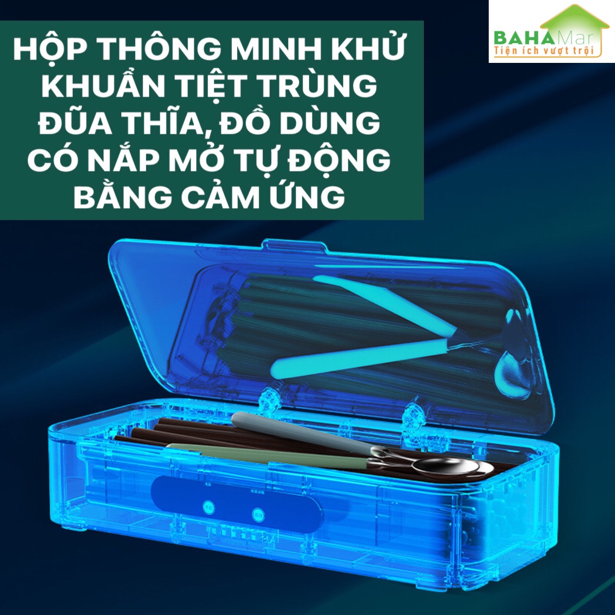 HỘP THÔNG MINH KHỬ KHUẨN TIỆT TRÙNG ĐŨA THĨA, ĐỒ DÙNG CÓ NẮP MỞ TỰ ĐỘNG BẰNG CẢM ỨNG &quot;BAHAMAR&quot;