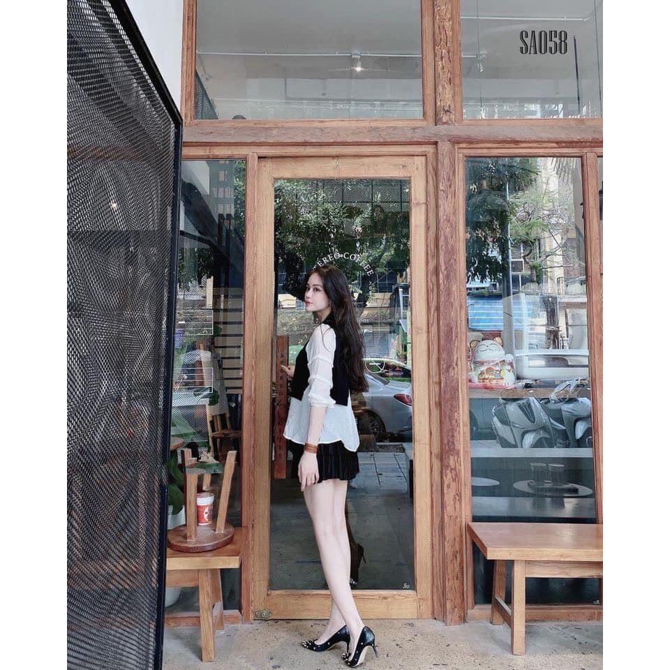 ÁO SƠ MI UMI ĐEN PHỐI TAY TƠ XẾP