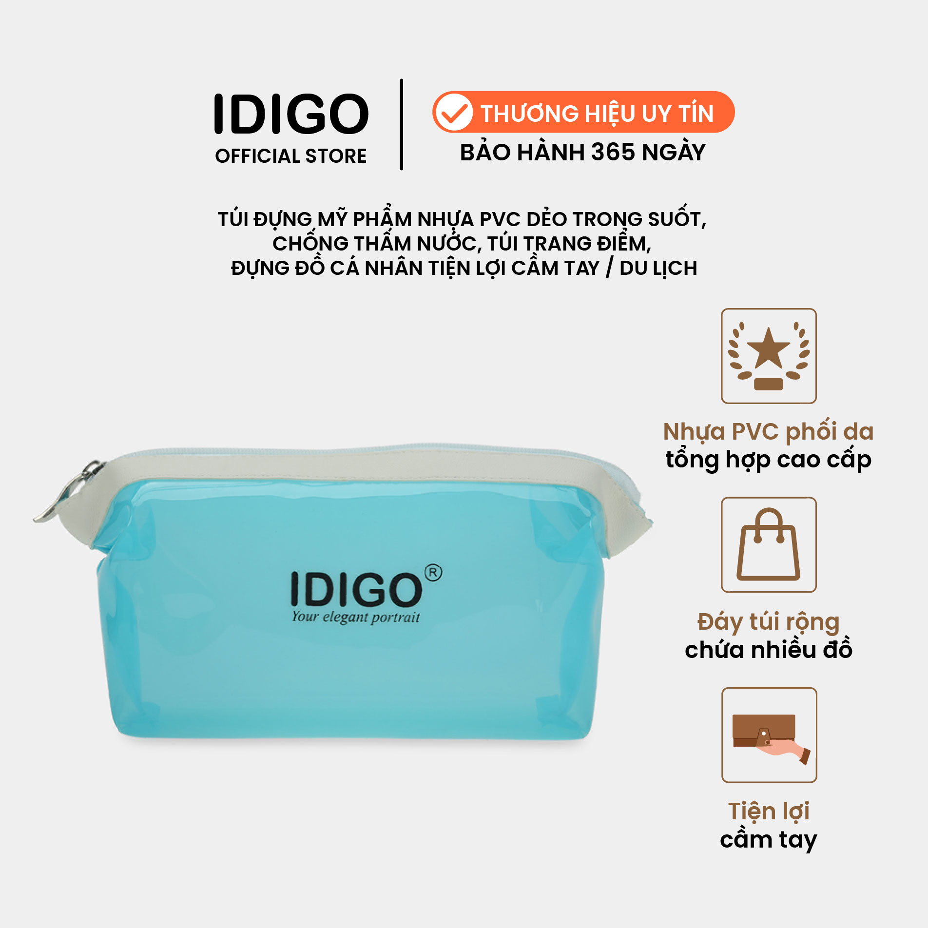 Túi đựng mỹ phẩm nhựa PVC dẻo trong suốt, chống thấm nước, túi trang điểm, đựng đồ vệ sinh cá nhân tiện lợi cầm tay hoặc đem đi du lịch IDIGO FP5-1101