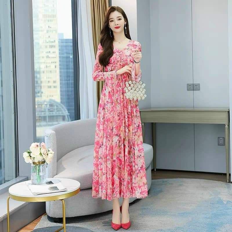 HÀNG NHẬP - ĐẦM MAXI VOAN HOA CỔ V VIỀN BÈO TAY DÀI EO THUN