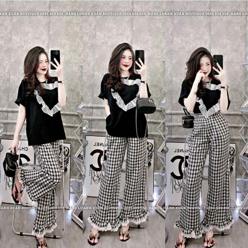 SET ĐỒ BỘ BIG SIZE ÁO THUN TIM KÈM QUẦN DÀI ỐNG RỘNG CARO DỄ THƯƠNG