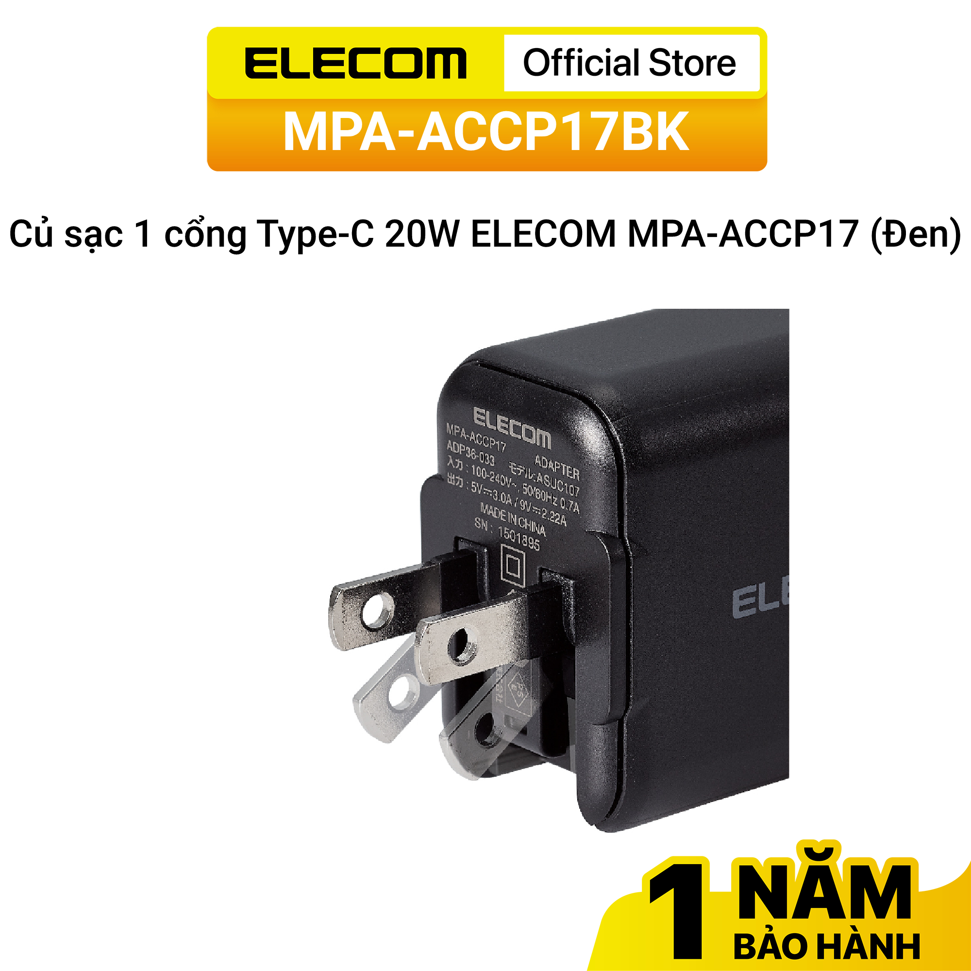 Củ sạc 1 cổng Type-C 20W ELECOM MPA-ACCP17 - Hàng chính hãng