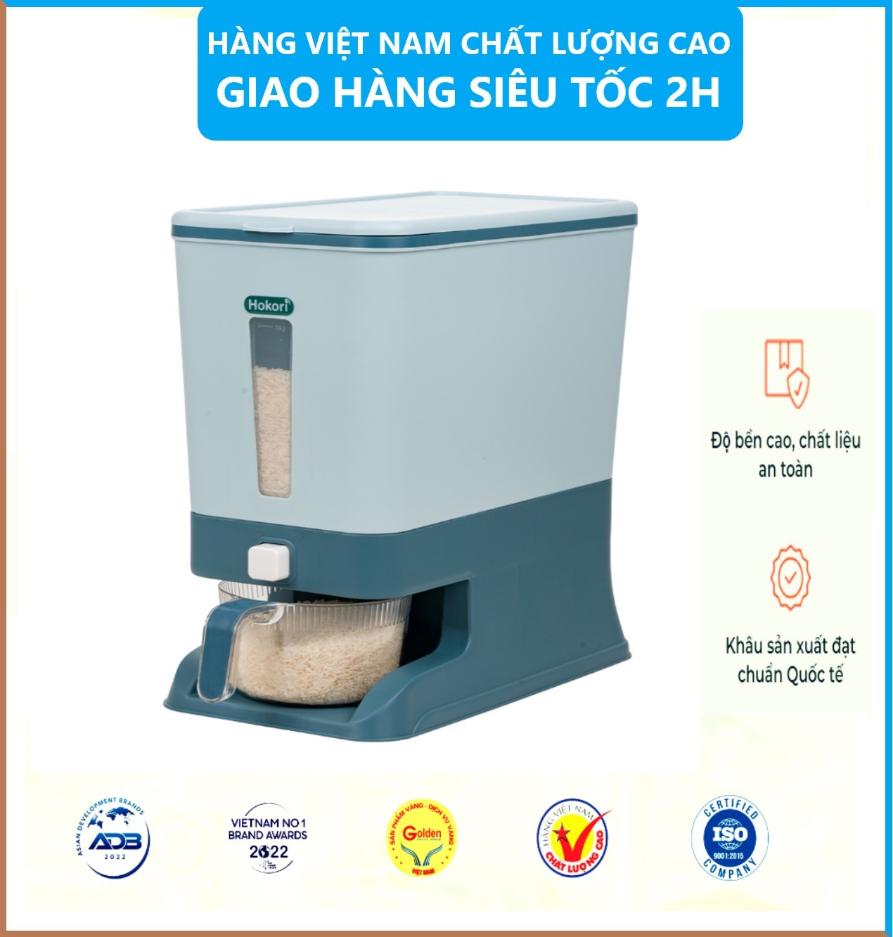 Hộp đựng gạo - Thùng đựng gạo tiện ích 10kg Hokori Việt Nhật Có Nút bấm lấy gạo tự động Tặng Kèm Ca Đong Gạo - Hàng Việt Nam