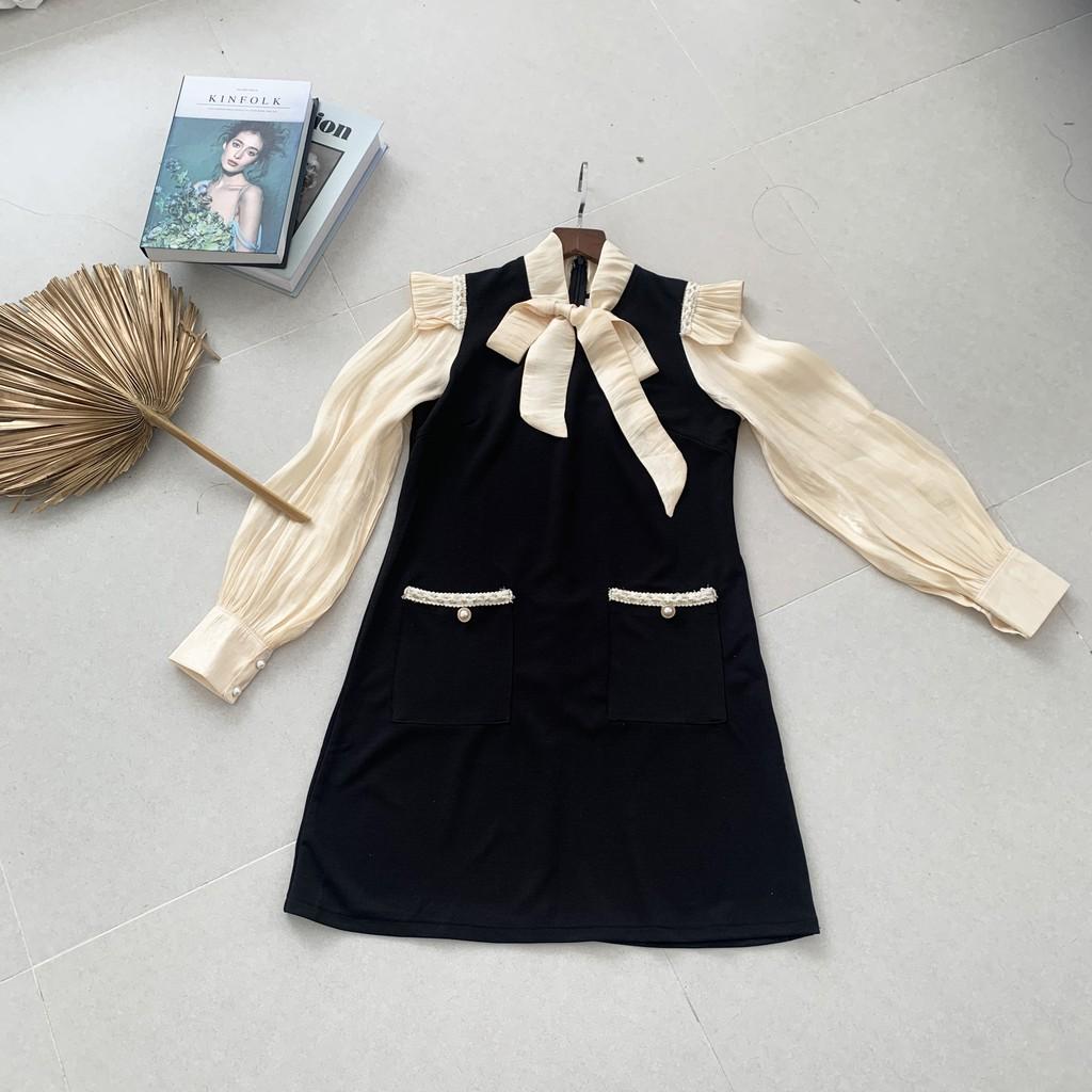 Váy suông phối tay organza buộc nơ cổ, đầm xuông chữ A tay phồng bèo vai có túi mã V22 - Michi's House