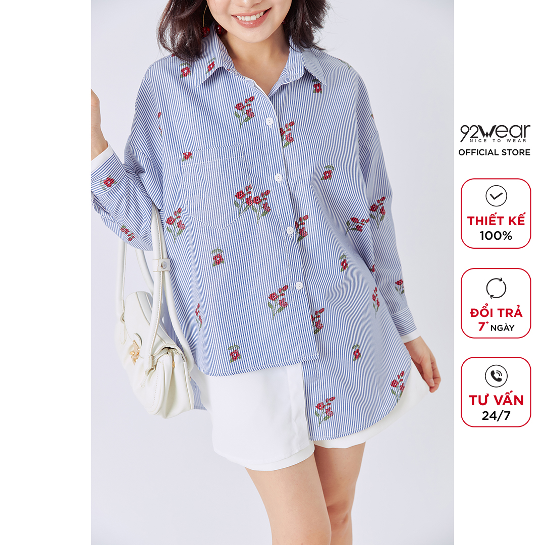 Áo sơ mi nữ dài tay 92WEAR , kẻ hoa vạt lệch  thiết kế năng động cá tính ASW1142