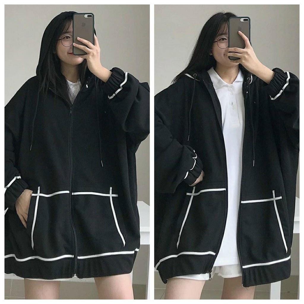 Áo Khoác Hoodie Zipper Kẻ Viền Túi Nữ - Áo nỉ dài tay form rộng dáng suông, thiết kế chạy viền, đơn giãn nhưng nổi bật