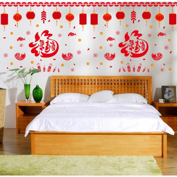 Decal trang trí tết - Chữ lớn kèm dây lồng đèn đỏ