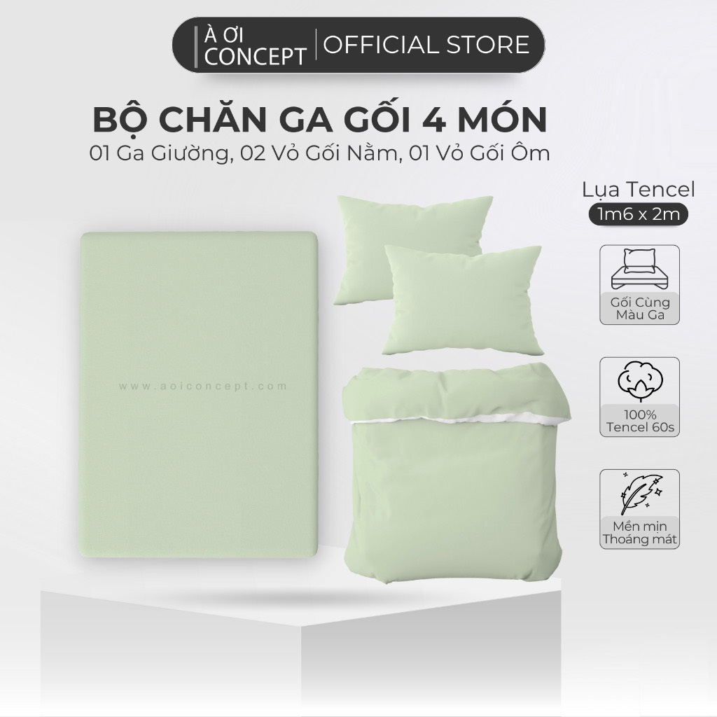 Bộ Chăn Ga Gối 4 Món Lụa Tencel Size 1m6 x 2m Trơn Nhiều Màu À Ơi Concept cao cấp Hàn Quốc