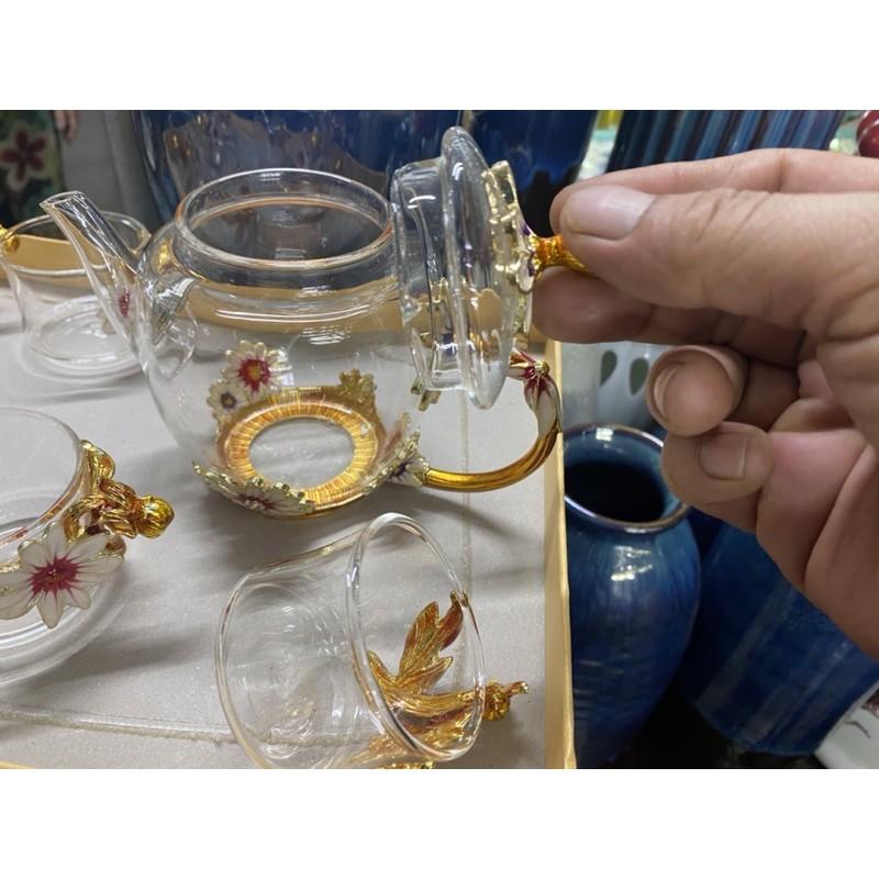 Bộ ấm trà thủy tinh mạ vàng hoa cúc cao cấp