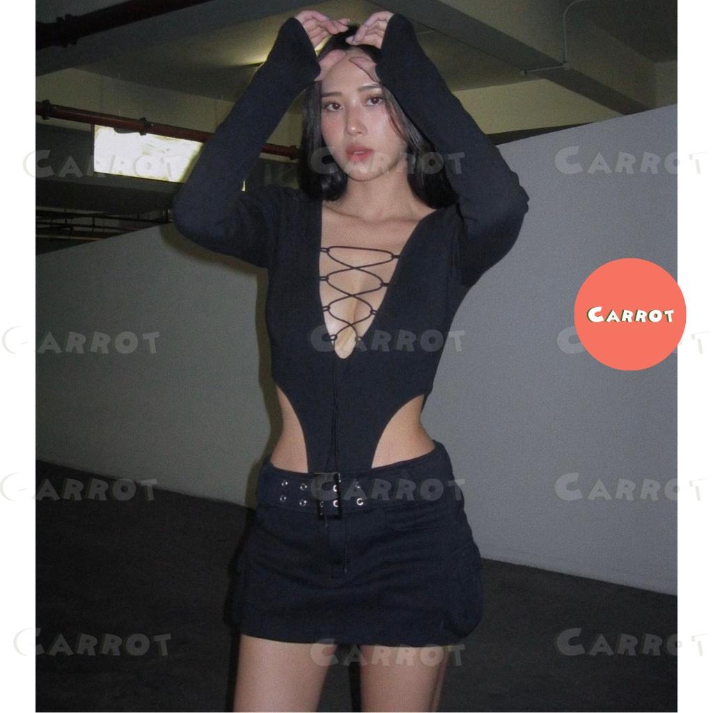 Set đồ nữ đi chơi sang chảnh áo croptop tay dài dây chéo chân váy ngắn đen rút dây tôn dáng ôm body carrotxinhdep