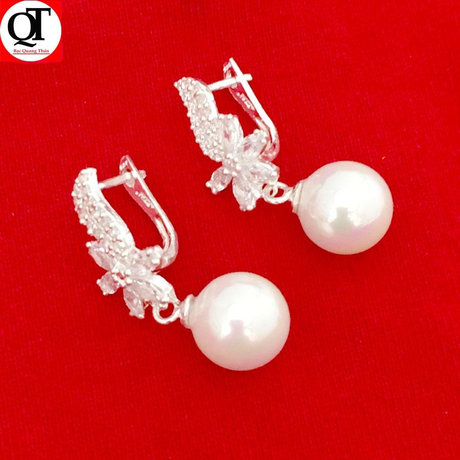Bông tai nữ Bạc Quang Thản dáng dài gắn ngọc nhân tạo size10 ly chất liệu bạc không xi mạ - QTBT107