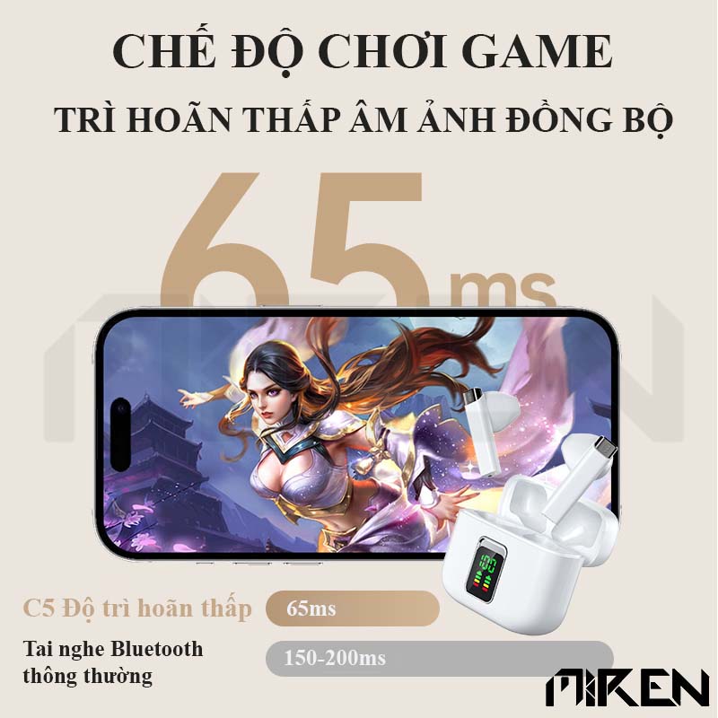 Tai Nghe Bluetooth Không Dây MR-C5 Cảm Ứng True Wireless Bluetooth 5.3 Cao Cấp - Hộp Đèn Led Hiển Thị % Pin - Đàm Thoại Hàng Chính Hãng