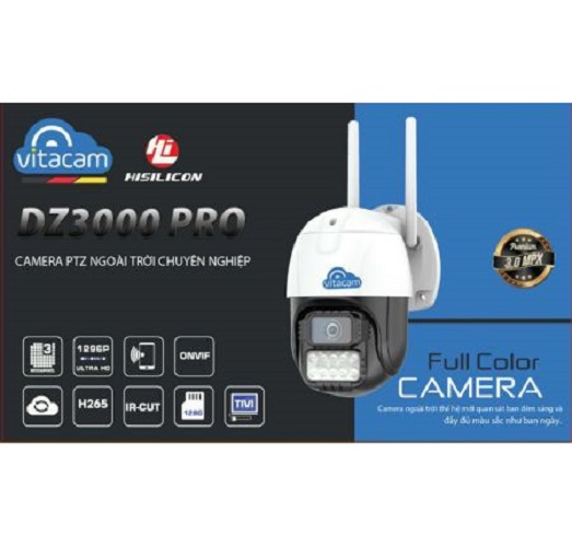 Camera IP Wifi ngoài trời VITACAM DZ3000 PTZ xoay 355 độ, 3.0Mpx 1296P hình ảnh ULTRA HD siêu nét - hàng chính hãng