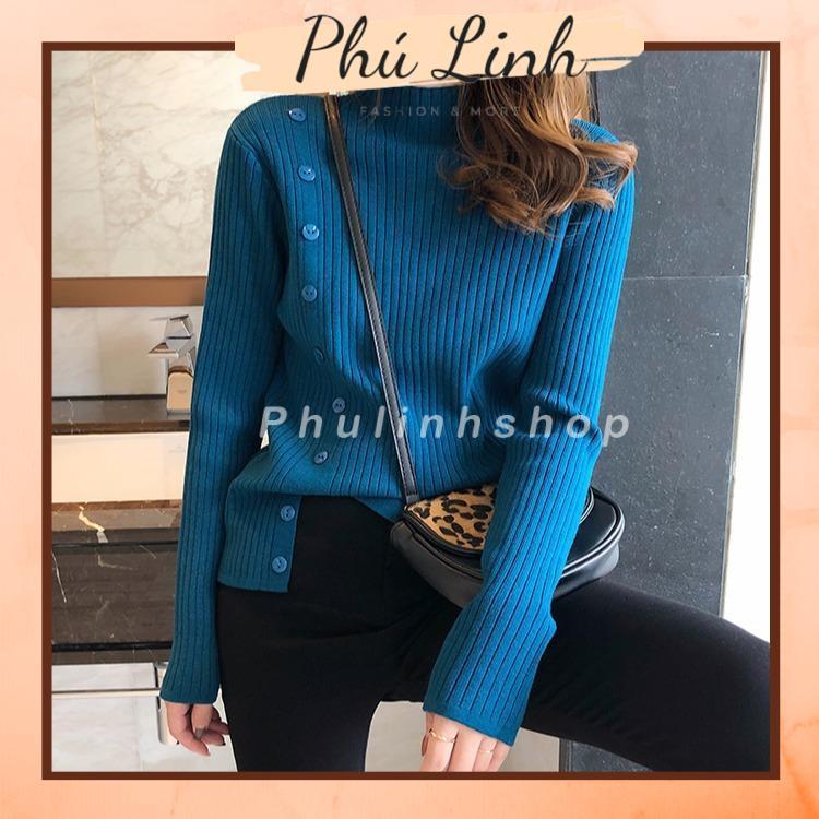 MS998 Áo len nữ cao cổ đính cúc xẻ sườn siêu mềm mịn