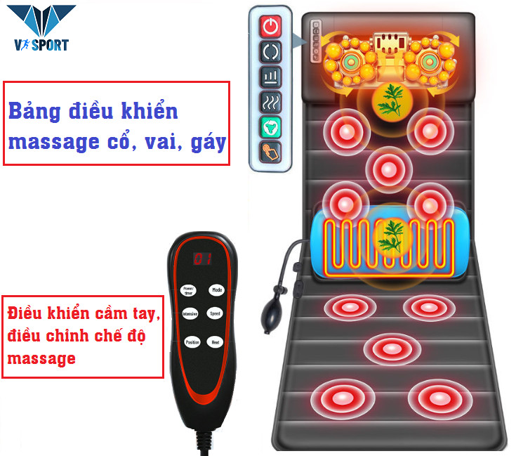 Đệm Ghế Massage Hồng Ngoại Toàn Thân - Nệm Massage Toàn Thân Gấp Gọn Bản Nâng Cấp Với Phần Gối Sử Dụng 16 Bi Massage, Bộ Điều Khiển Cầm Tay Bản Tiếng Anh - Máy Massage Toàn Thân Chăm Sóc Sức Khỏe